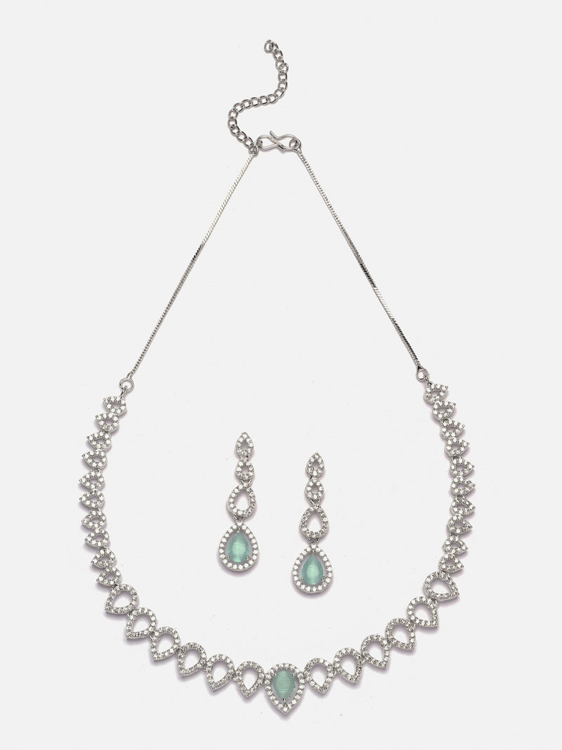 Rhodium-Plated Sea Green American Diamonds Studded Spheroid Necklace & Earrings Jewellery Set