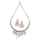 Rhodium-Plated Pink American Diamond Studded Contemporary Necklace with Earrings Jewellery Set