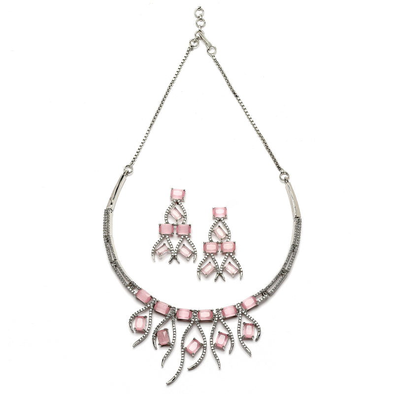 Rhodium-Plated Pink American Diamond Studded Contemporary Necklace with Earrings Jewellery Set