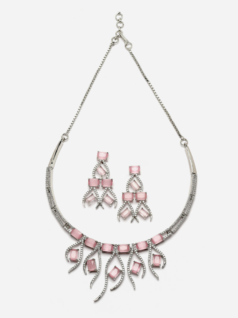 Rhodium-Plated Pink American Diamond Studded Contemporary Necklace with Earrings Jewellery Set