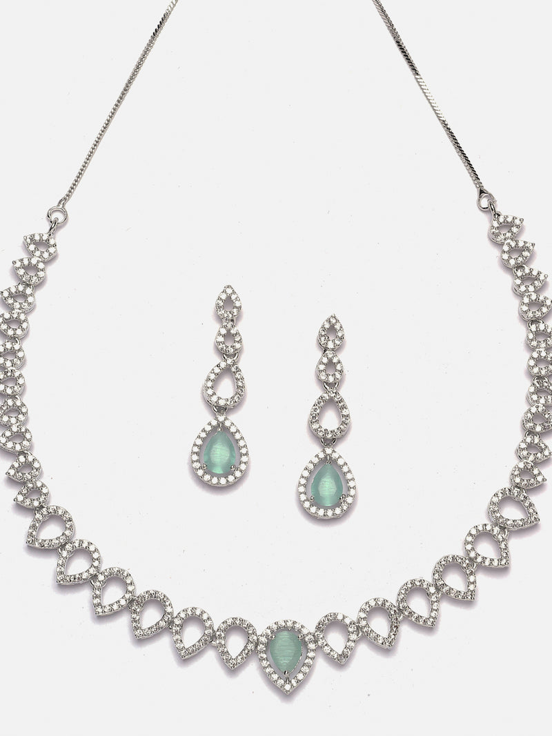 Rhodium-Plated Sea Green American Diamonds Studded Spheroid Necklace & Earrings Jewellery Set