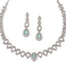 Rhodium-Plated Sea Green American Diamonds Studded Spheroid Necklace & Earrings Jewellery Set