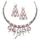 Rhodium-Plated Pink American Diamond Studded Contemporary Necklace with Earrings Jewellery Set