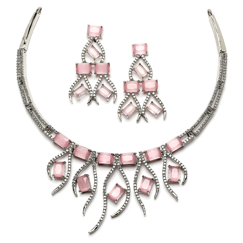 Rhodium-Plated Pink American Diamond Studded Contemporary Necklace with Earrings Jewellery Set