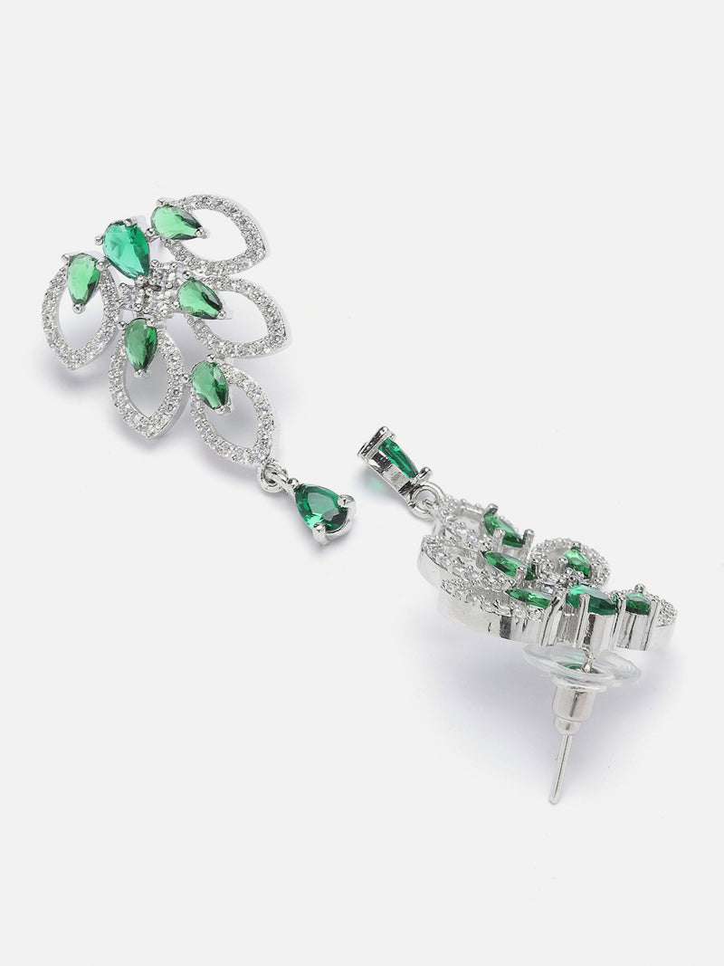 Rhodium-Plated Green American Diamond Studded Leaf Shaped Necklace with Earrings Jewellery Set