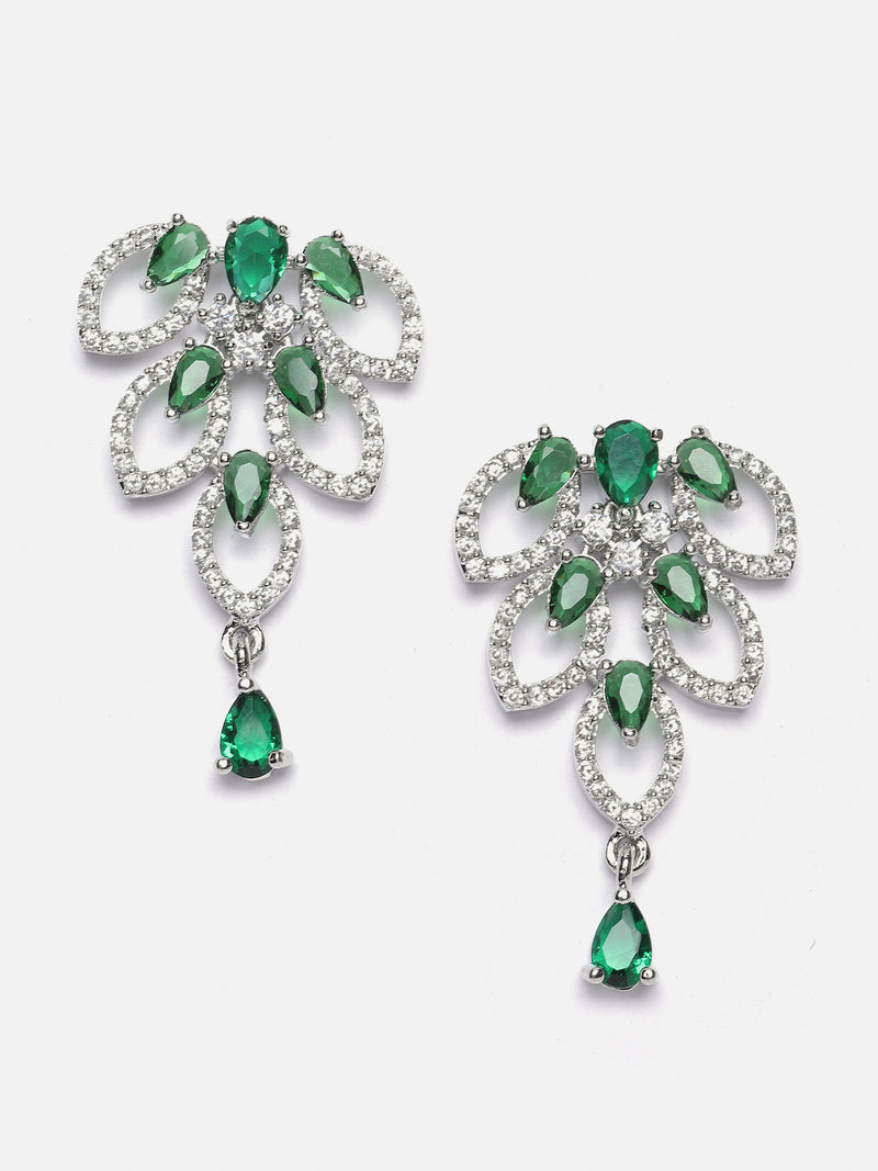 Rhodium-Plated Green American Diamond Studded Leaf Shaped Necklace with Earrings Jewellery Set