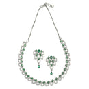 Rhodium-Plated Green American Diamond Studded Leaf Shaped Necklace with Earrings Jewellery Set