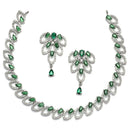 Rhodium-Plated Green American Diamond Studded Leaf Shaped Necklace with Earrings Jewellery Set