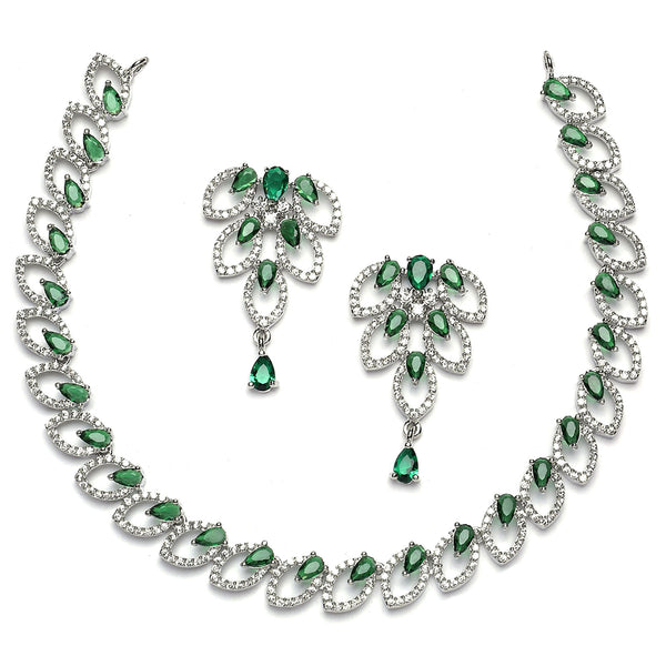 Rhodium-Plated Green American Diamond Studded Leaf Shaped Necklace with Earrings Jewellery Set