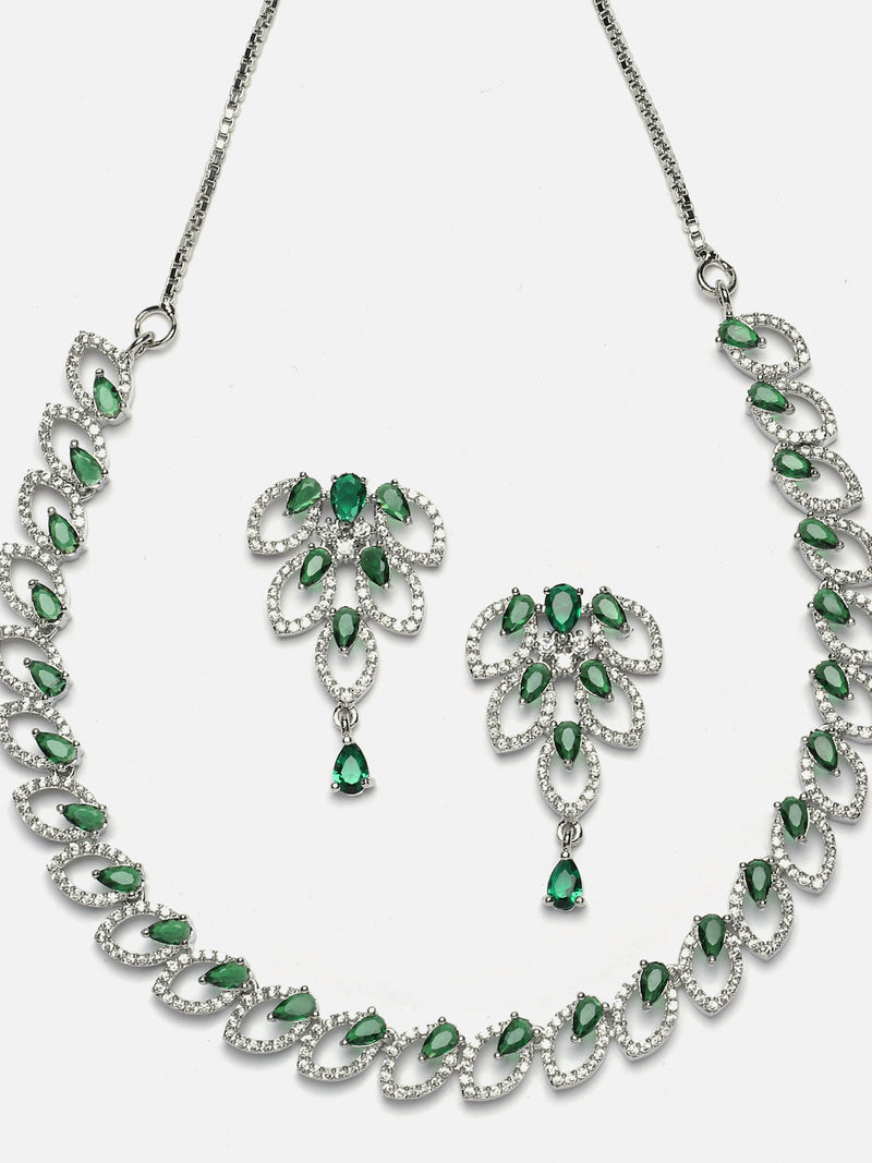 Rhodium-Plated Green American Diamond Studded Leaf Shaped Necklace with Earrings Jewellery Set
