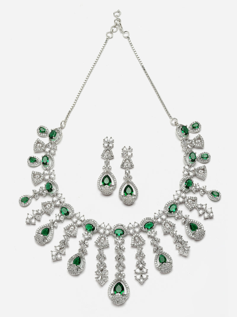 Rhodium-Plated Green American Diamond Studded Teardrop Tasselled Necklace & Earrings Jewellery Set