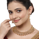 Gold-Plated Floral Design Green Artificial Stones Studded and Beads Beaded Jewellery Set