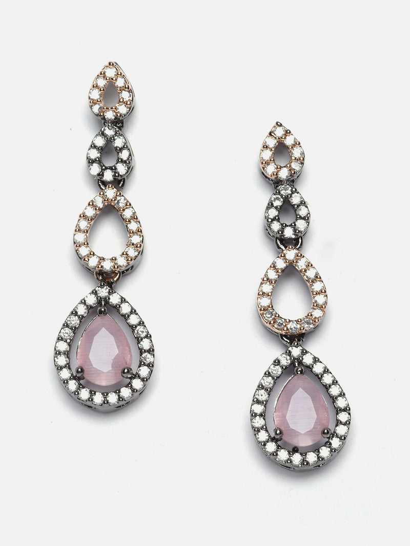 Rose Gold-Plated Gunmetal Toned Pink American Diamonds Studded Spheroid Necklace & Earrings Jewellery Set