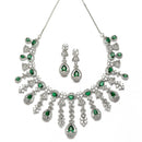 Rhodium-Plated Green American Diamond Studded Teardrop Tasselled Necklace & Earrings Jewellery Set