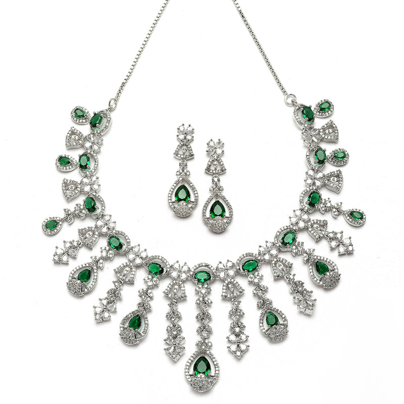 Rhodium-Plated Green American Diamond Studded Teardrop Tasselled Necklace & Earrings Jewellery Set