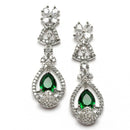 Rhodium-Plated Green American Diamond Studded Teardrop Tasselled Necklace & Earrings Jewellery Set