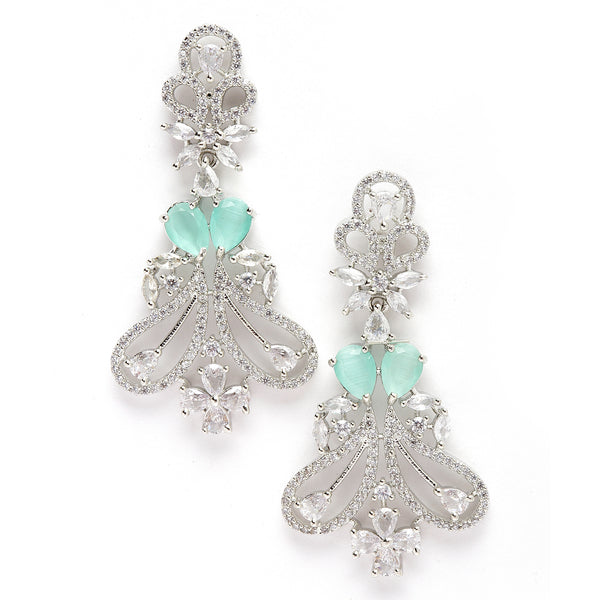 Rhodium-Plated Sea Green & White American Diamond studded Paisley Shaped Drop Earrings