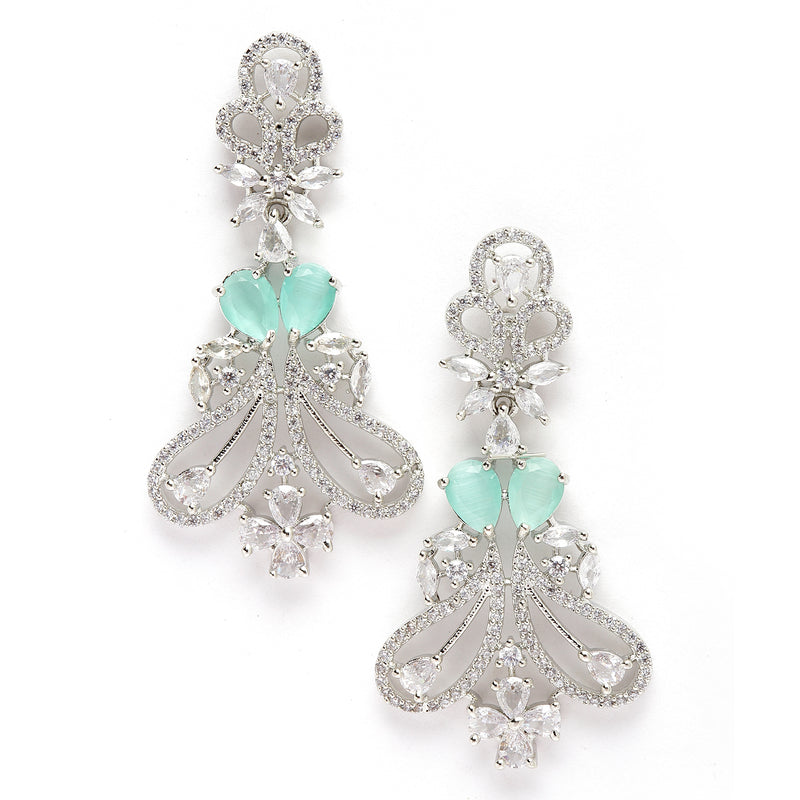 Rhodium-Plated Sea Green & White American Diamond studded Paisley Shaped Drop Earrings
