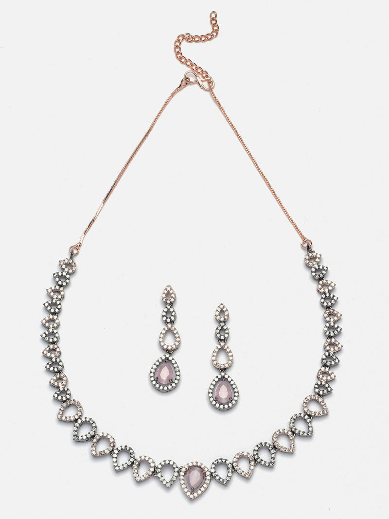 Rose Gold-Plated Gunmetal Toned Pink American Diamonds Studded Spheroid Necklace & Earrings Jewellery Set