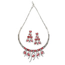 Rhodium-Plated Red American Diamond Studded Contemporary Necklace with Earrings Jewellery Set