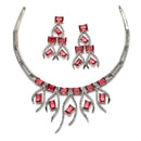 Rhodium-Plated Red American Diamond Studded Contemporary Necklace with Earrings Jewellery Set