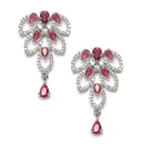 Rhodium-Plated Red American Diamond Studded Leaf Shaped Necklace with Earrings Jewellery Set