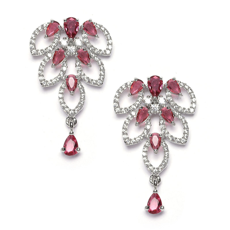 Rhodium-Plated Red American Diamond Studded Leaf Shaped Necklace with Earrings Jewellery Set