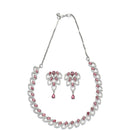 Rhodium-Plated Red American Diamond Studded Leaf Shaped Necklace with Earrings Jewellery Set