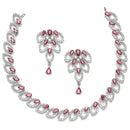 Rhodium-Plated Red American Diamond Studded Leaf Shaped Necklace with Earrings Jewellery Set
