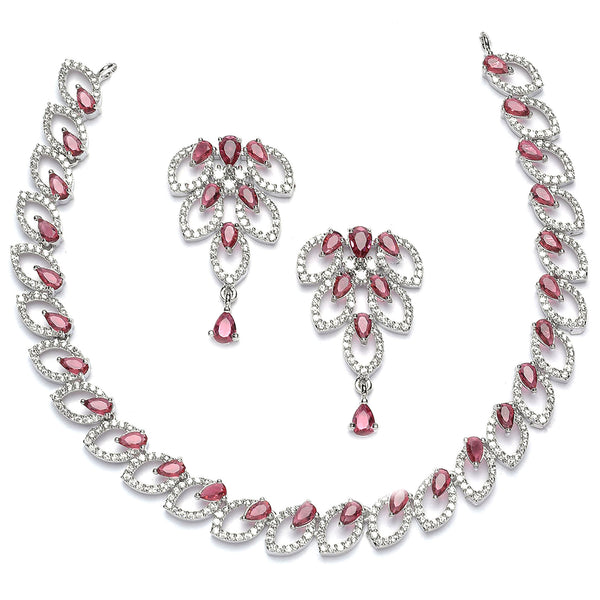 Rhodium-Plated Red American Diamond Studded Leaf Shaped Necklace with Earrings Jewellery Set