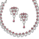 Rhodium-Plated Red American Diamond Studded Leaf Shaped Necklace with Earrings Jewellery Set