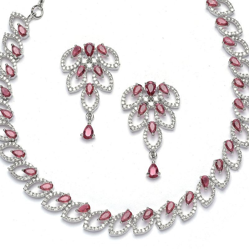 Rhodium-Plated Red American Diamond Studded Leaf Shaped Necklace with Earrings Jewellery Set