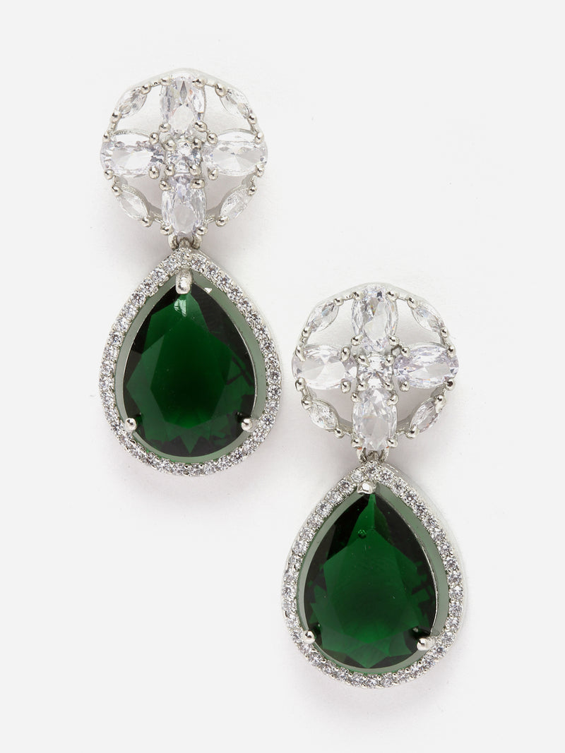 Rhodium-Plated Green & White American Diamond studded Teardrop & Floral Shaped Drop Earrings