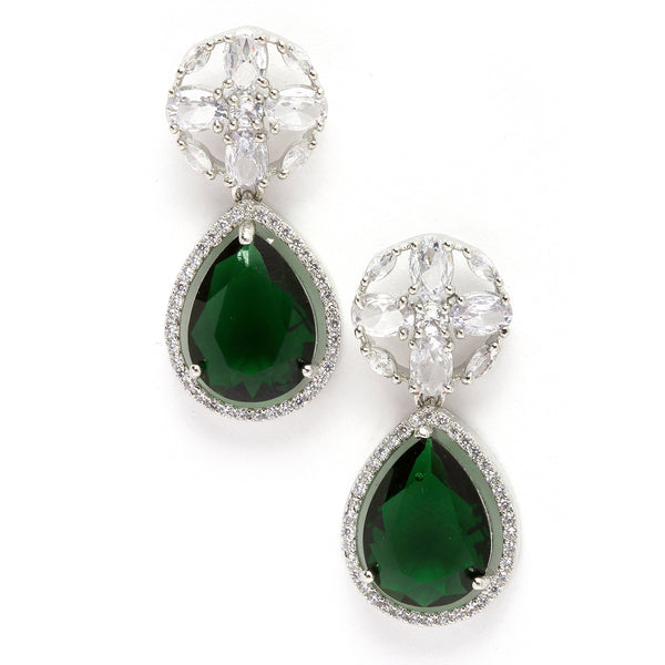 Rhodium-Plated Green & White American Diamond studded Teardrop & Floral Shaped Drop Earrings
