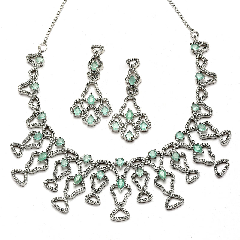 Rhodium-Plated Sea Green American Diamond Studded Quirky Design Necklace with Earrings Jewellery Set