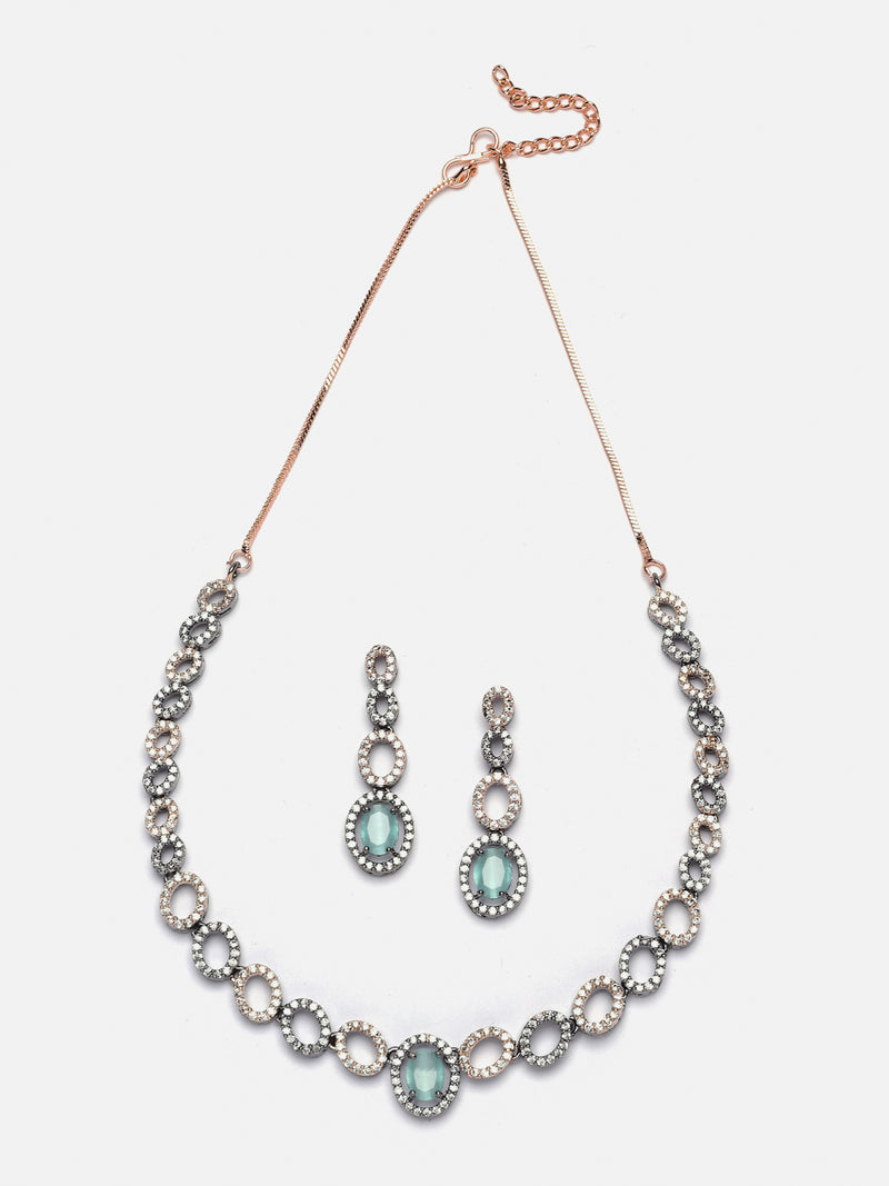 Rose Gold-Plated Gunmetal Toned Sea Green American Diamonds Studded Ovate Shaped Necklace & Earrings Jewellery Set