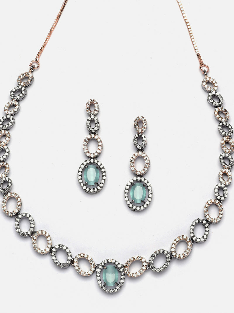 Rose Gold-Plated Gunmetal Toned Sea Green American Diamonds Studded Ovate Shaped Necklace & Earrings Jewellery Set