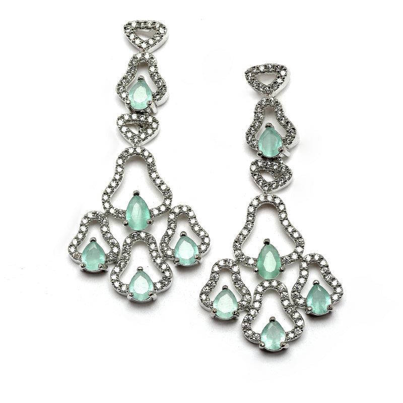 Rhodium-Plated Sea Green American Diamond Studded Quirky Design Necklace with Earrings Jewellery Set