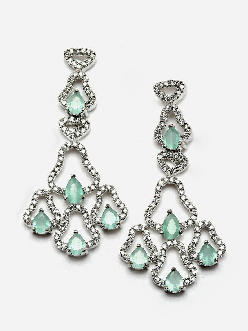 Rhodium-Plated Sea Green American Diamond Studded Quirky Design Necklace with Earrings Jewellery Set