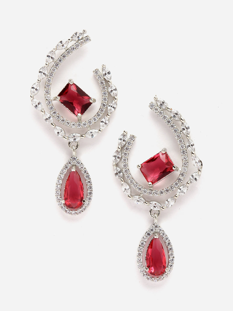 Rhodium-Plated Red & White American Diamond studded Quirky Shaped Drop Earrings