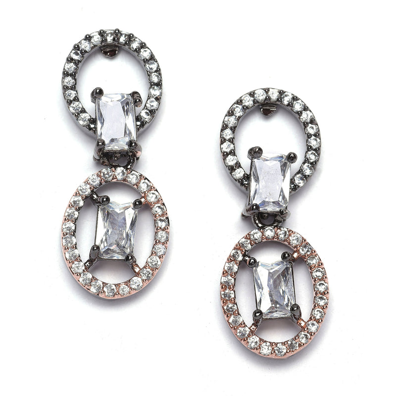 Rose Gold-Plated Gunmetal Toned White American Diamond Studded Disc-Shaped Necklace & Earrings Jewellery Set