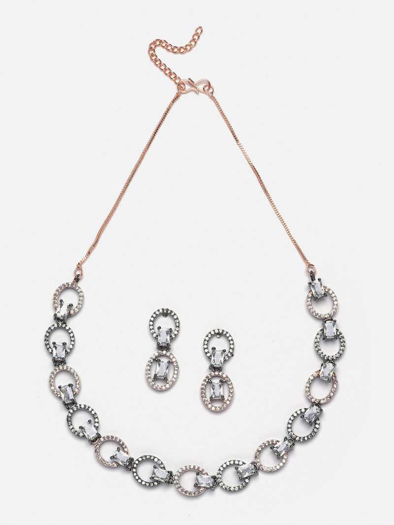 Rose Gold-Plated Gunmetal Toned White American Diamond Studded Disc-Shaped Necklace & Earrings Jewellery Set