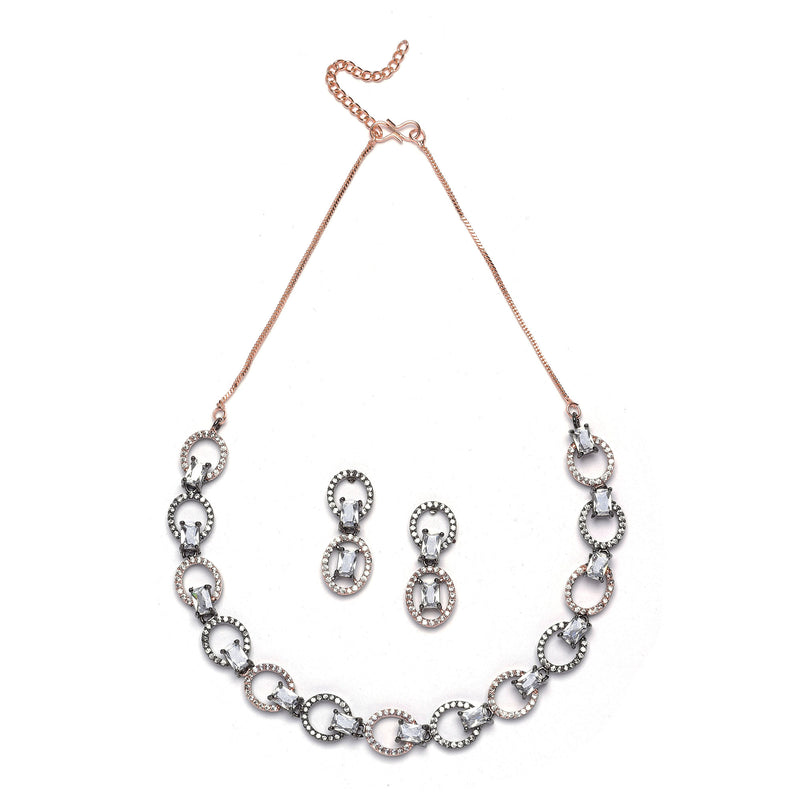 Rose Gold-Plated Gunmetal Toned White American Diamond Studded Disc-Shaped Necklace & Earrings Jewellery Set