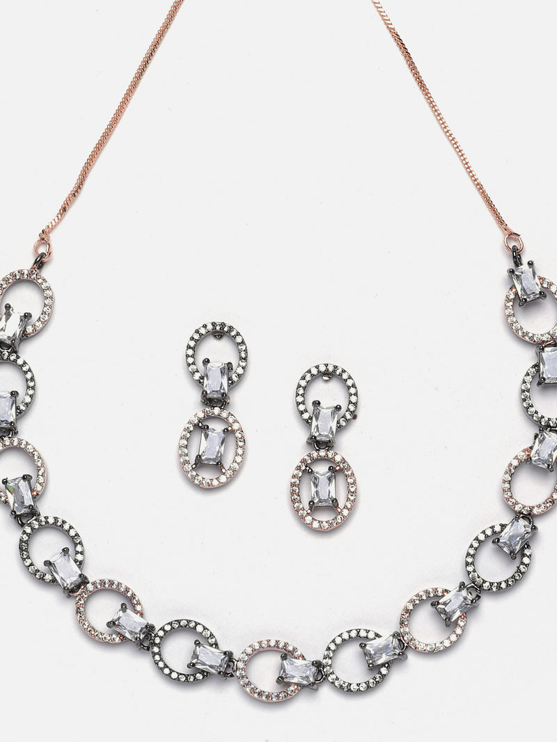 Rose Gold-Plated Gunmetal Toned White American Diamond Studded Disc-Shaped Necklace & Earrings Jewellery Set