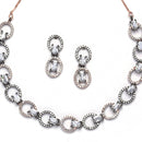 Rose Gold-Plated Gunmetal Toned White American Diamond Studded Disc-Shaped Necklace & Earrings Jewellery Set