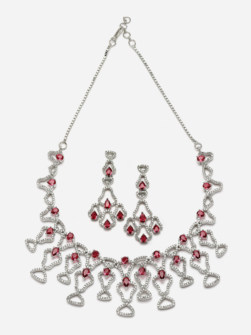 Rhodium-Plated Red American Diamond Studded Quirky Design Necklace with Earrings Jewellery Set