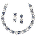 Rhodium Plated Leafy Motif Sea Green American Diamond Ethnic Necklace Jewellery Set