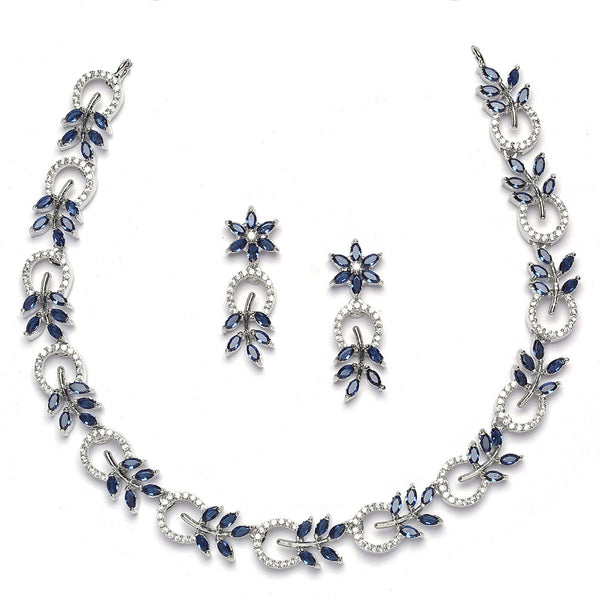 Rhodium-Plated American Diamond Studded Leaf & Circular Shaped Necklace With Earrings Set