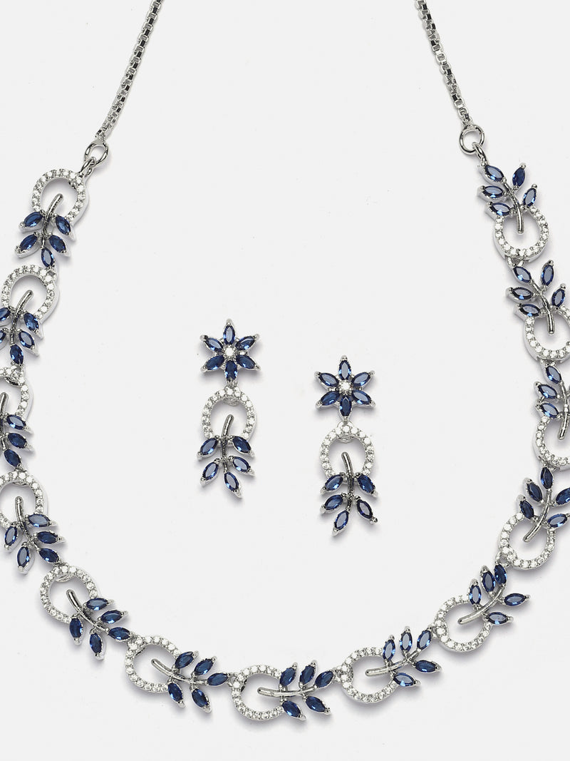 Rhodium-Plated American Diamond Studded Leaf & Circular Shaped Necklace With Earrings Set