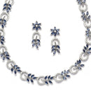 Rhodium-Plated American Diamond Studded Leaf & Circular Shaped Necklace With Earrings Set